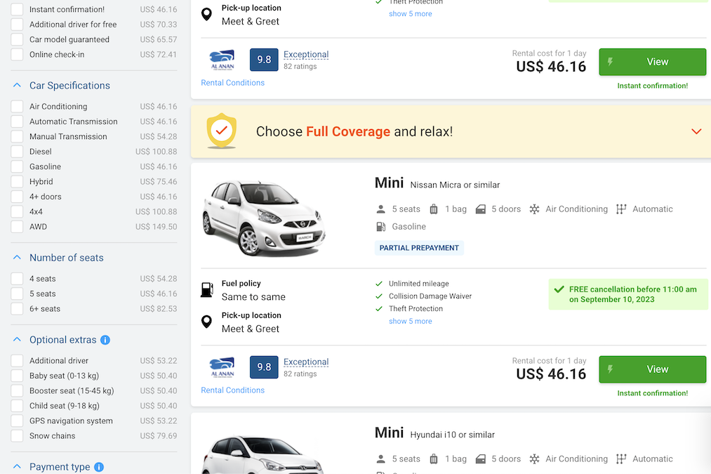 Discover Cars search results page scrolled down