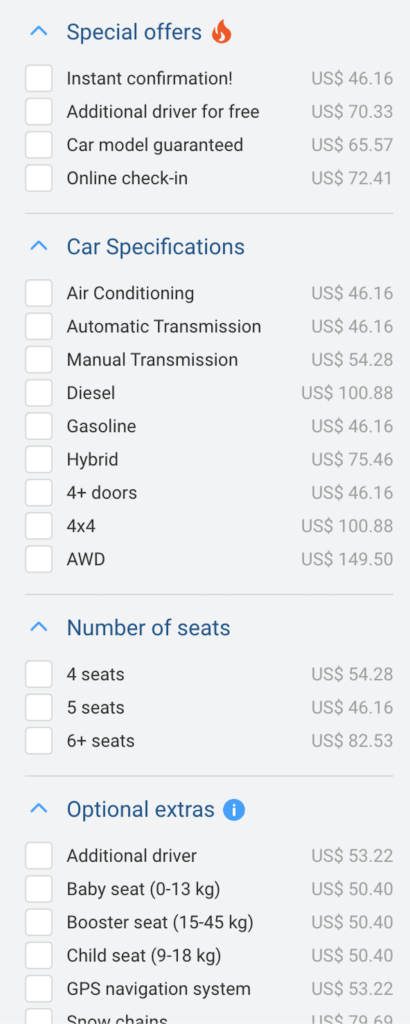 Options to choose for filtering car rental choices to your preferences for renting a car in Amman, Jordan with Discover Cars