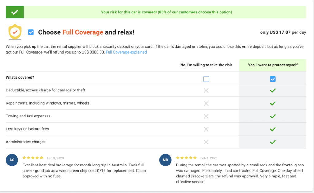 More options on the booking page for Discover Cars with full coverage option checked and details about what's covered, plus 5-star reviews