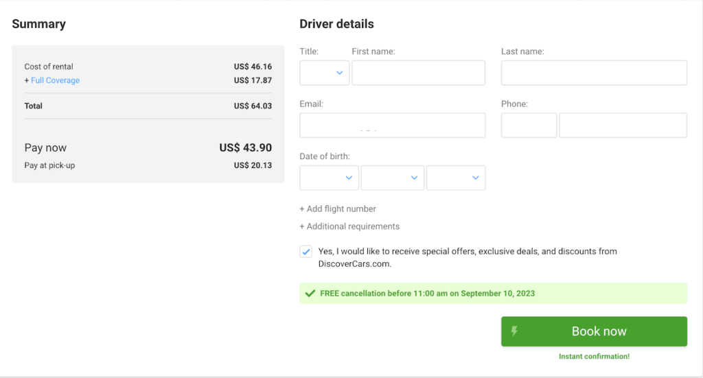 Renting a car in Tel Aviv - Discover Cars book now page with driver details and summary