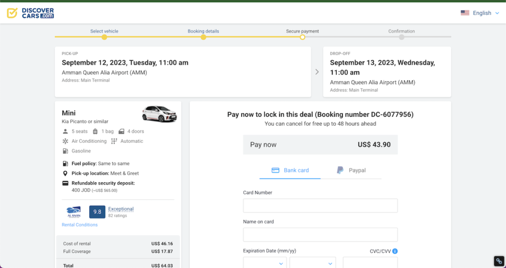 Final Discover Cars book now page for car rental in Tel Aviv with payment due now and at pickup, more details, places to input personal information and payment