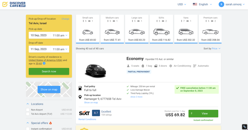 Discover Cars search results page for Tel Aviv car rentals