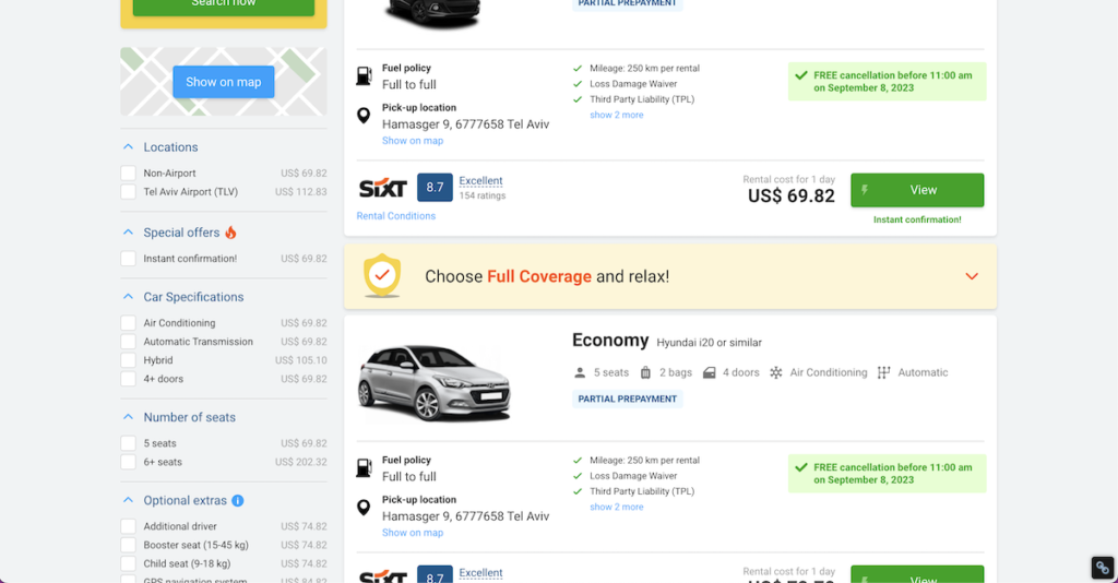 Discover Cars search results page scrolled down