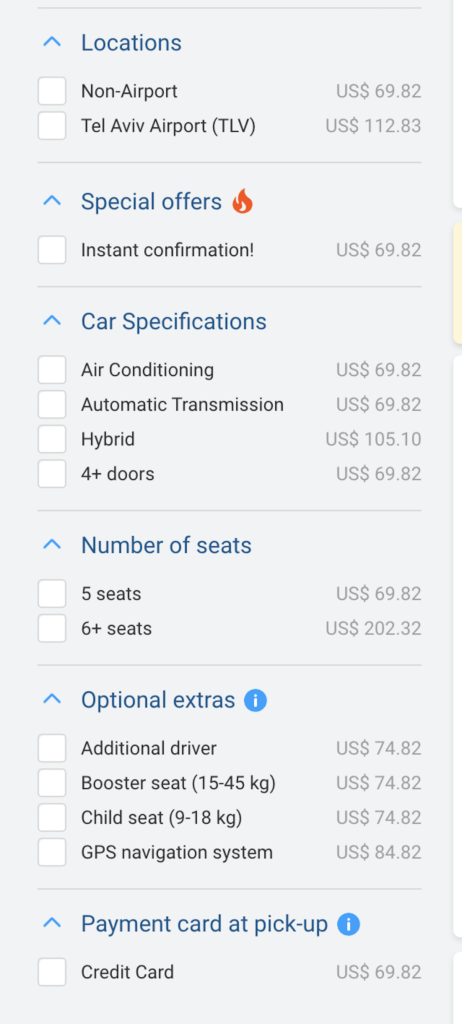 Renting a car in Tel Aviv - Discover Cars left sidebar with options for locations, special offers, car specifications and more