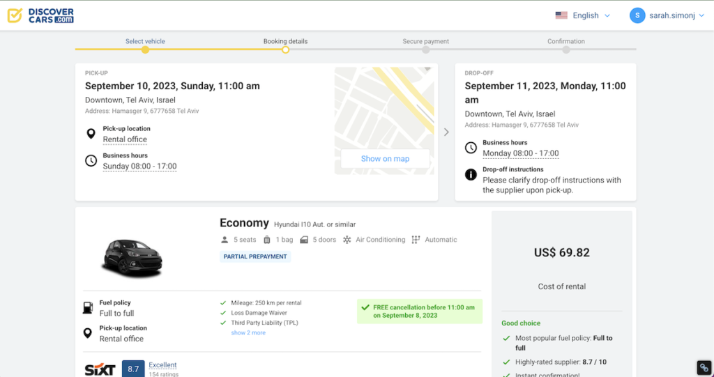 Renting a car in Tel Aviv - Discover Cars first booking page after "view" is clicked on the car of your choice - has time, location, car, price, and more options
