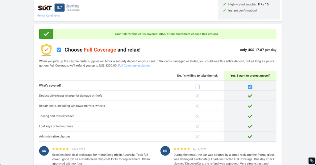 More options on the booking page for Discover Cars with full coverage option checked and details about what's covered, plus 5-star reviews