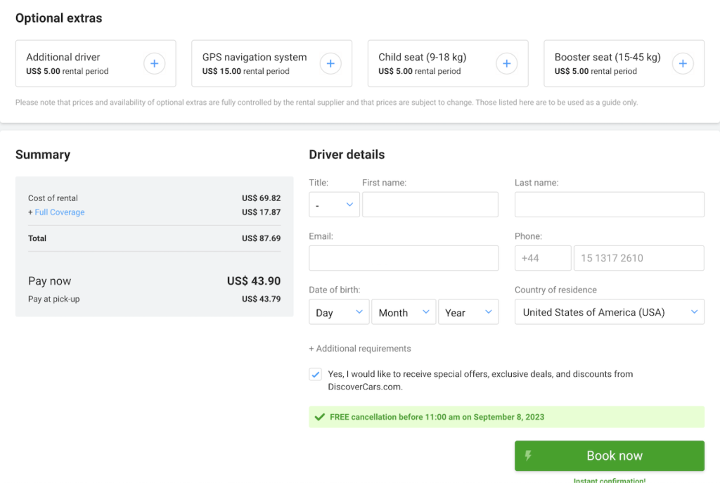 Renting a car in Tel Aviv - Discover Cars book now page with driver details and summary, plus optional extras section