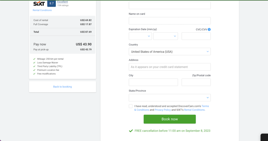 Final Discover Cars book now page for car rental in Tel Aviv with payment due now and at pickup, more details, places to input personal information and payment, and book now button.