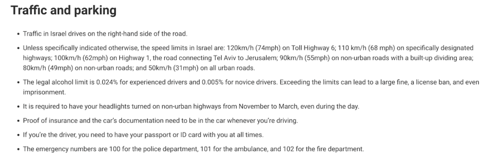 Traffic and parking info for Israel from Discover Cars with driving information and what to have with your car when you drive, like proof of insurance, car documents, passport and ID, etc.