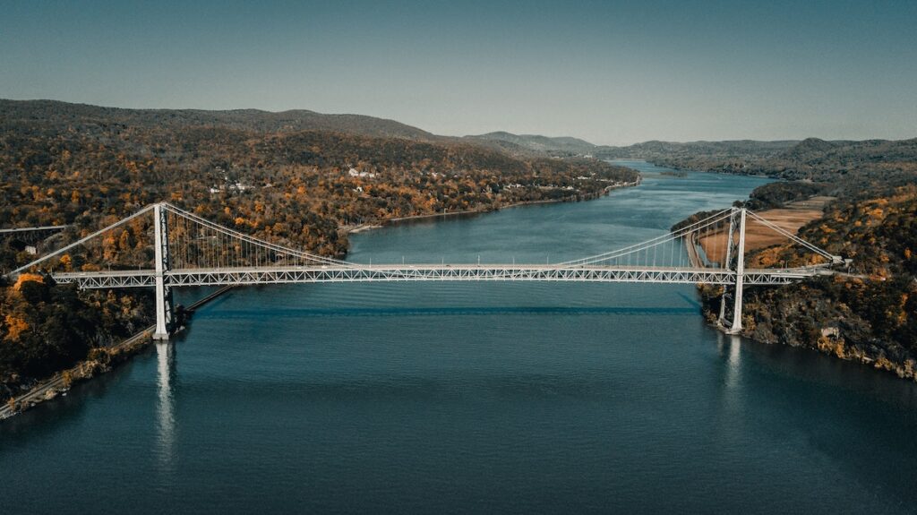 Bear Mountain Bridge in New York, aerial view in the fall