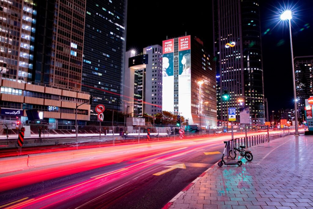 Nighttime traffic in the center of Tel Aviv, Israel