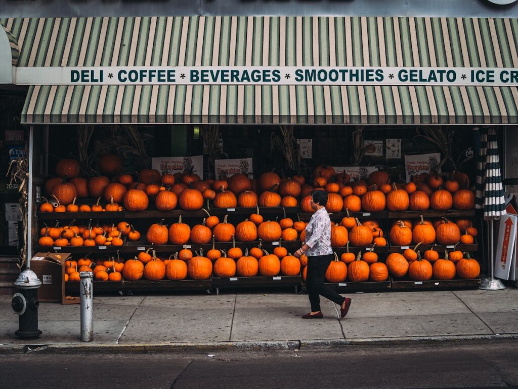Pumpkins displayed on a New York City street in Chinatown during the Fall.