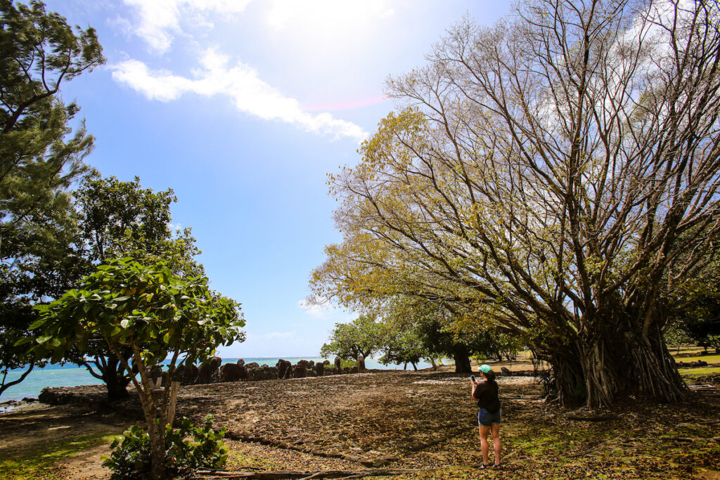 Me taking a smartphone photo at the UNESCO site of Taputapuātea in Raiatea, French Polynesia