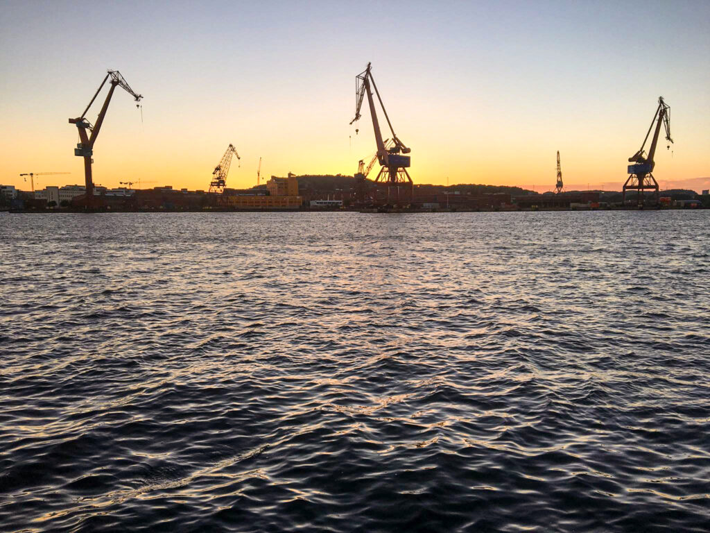 Gothenburg, Sweden Port at sunset with cranes