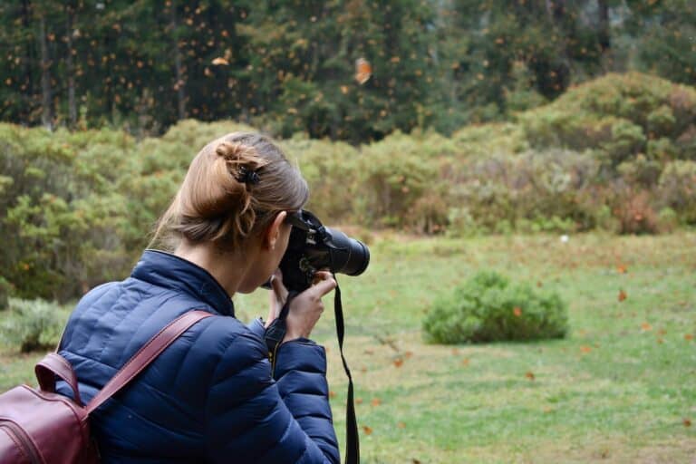 Woman photographing butterflies in a forest clearing with a DSLR camera, wearing a blue jacket and backpack.